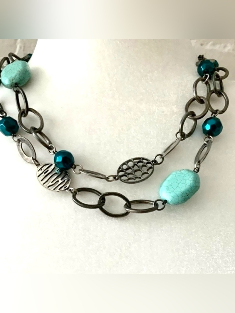 Vintage Necklace Turquoise Beaded Double Strand Textured Chain Links Coastal